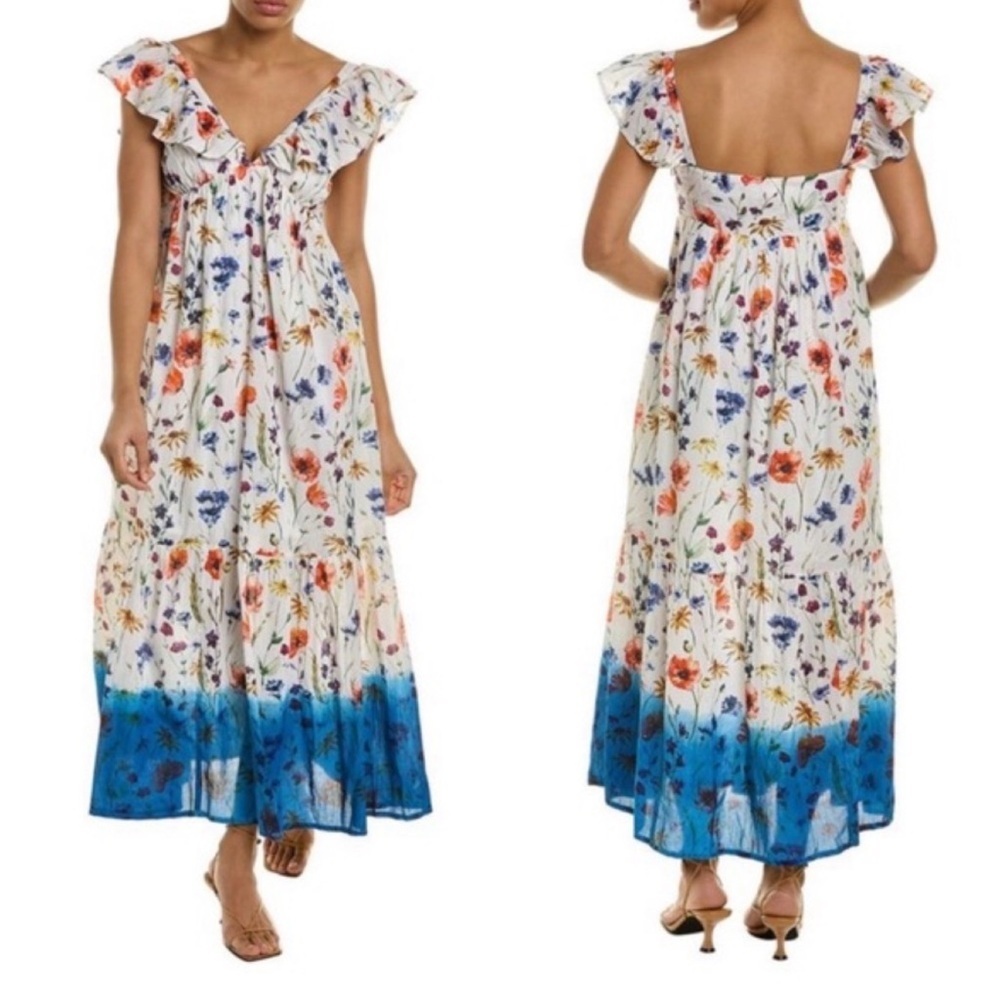 Ro’s Garden Jasmine floral ruffle tiered maxi dress sleeveless multicolor XS